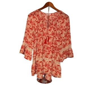 DR2 Floral Print Peasant Blouse Red Pink White Lace Trim Bell Sleeve Top Large
